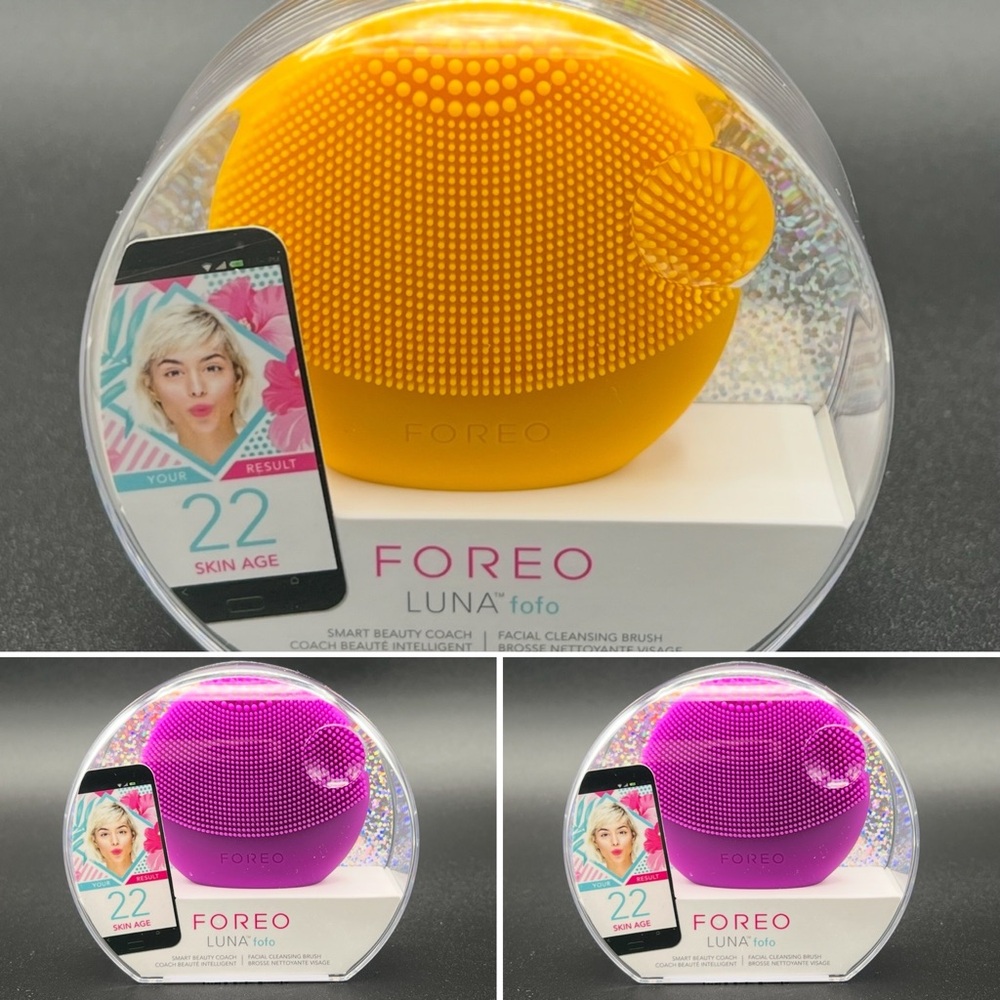 3 units of FOREO Luna Fofo in 2 x Bright Yellow and 1 Vivid Purple